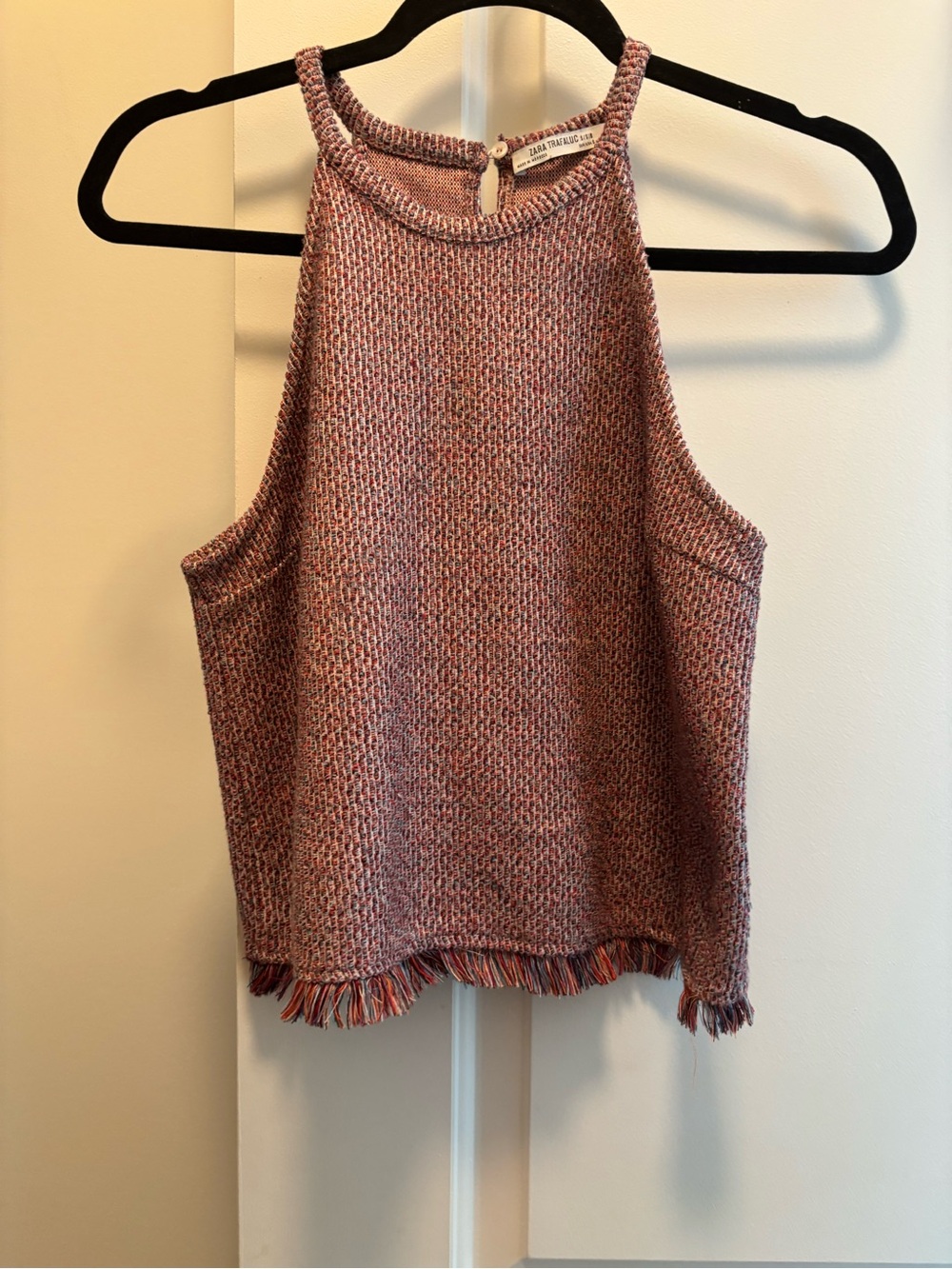 Zara Multicolor Knit Fringe-Edge Tank Top in Red and Blue